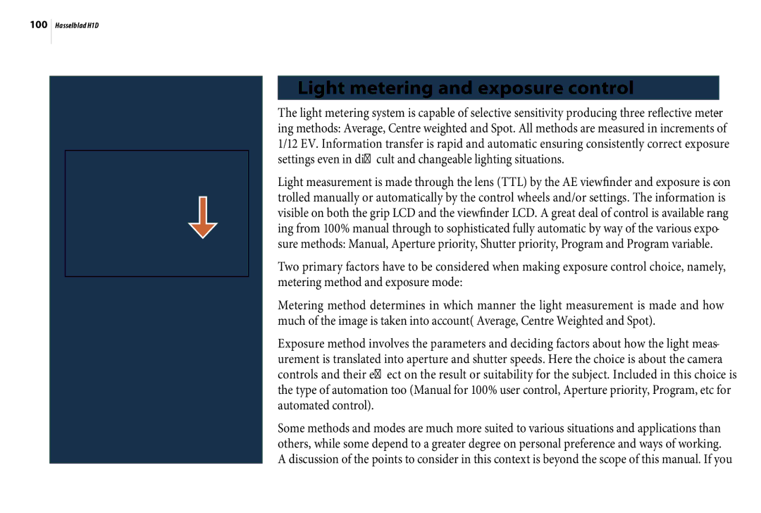 Hasselblad H1D user manual Light metering and exposure control 