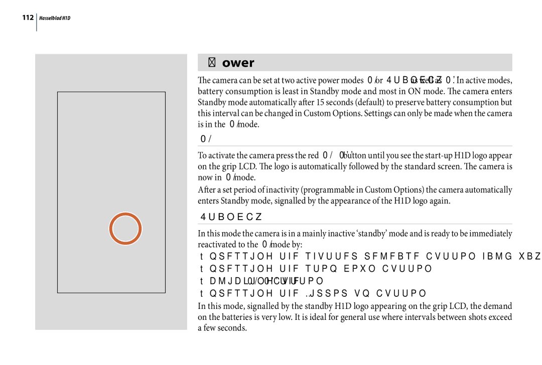 Hasselblad H1D user manual Power, Standby 