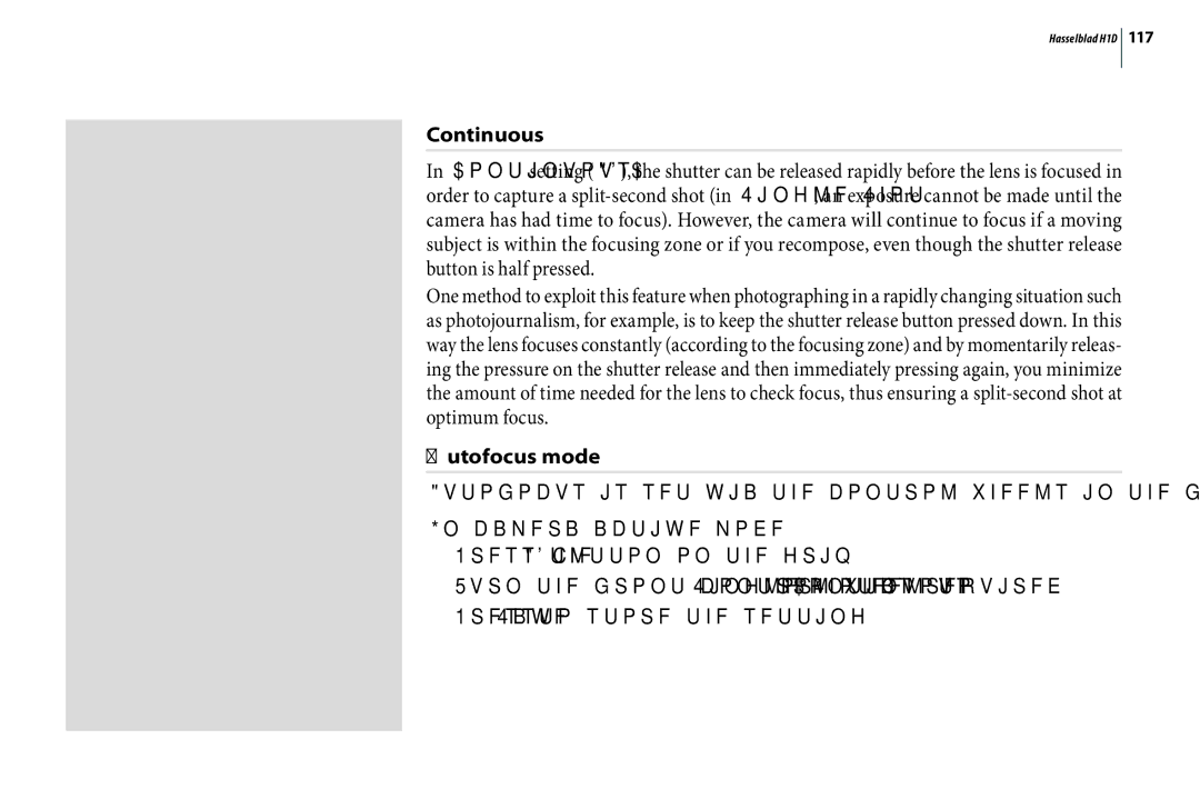 Hasselblad H1D user manual Continuous, Autofocus mode 