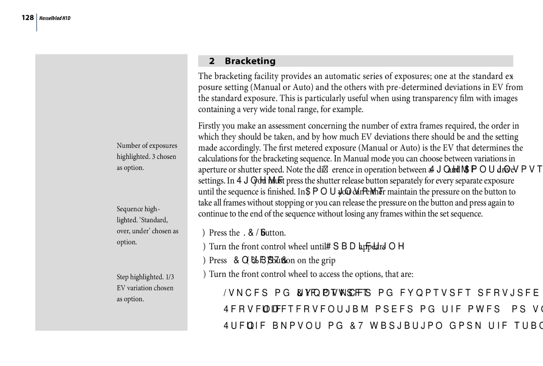 Hasselblad H1D user manual Bracketing, Press the Menu button 