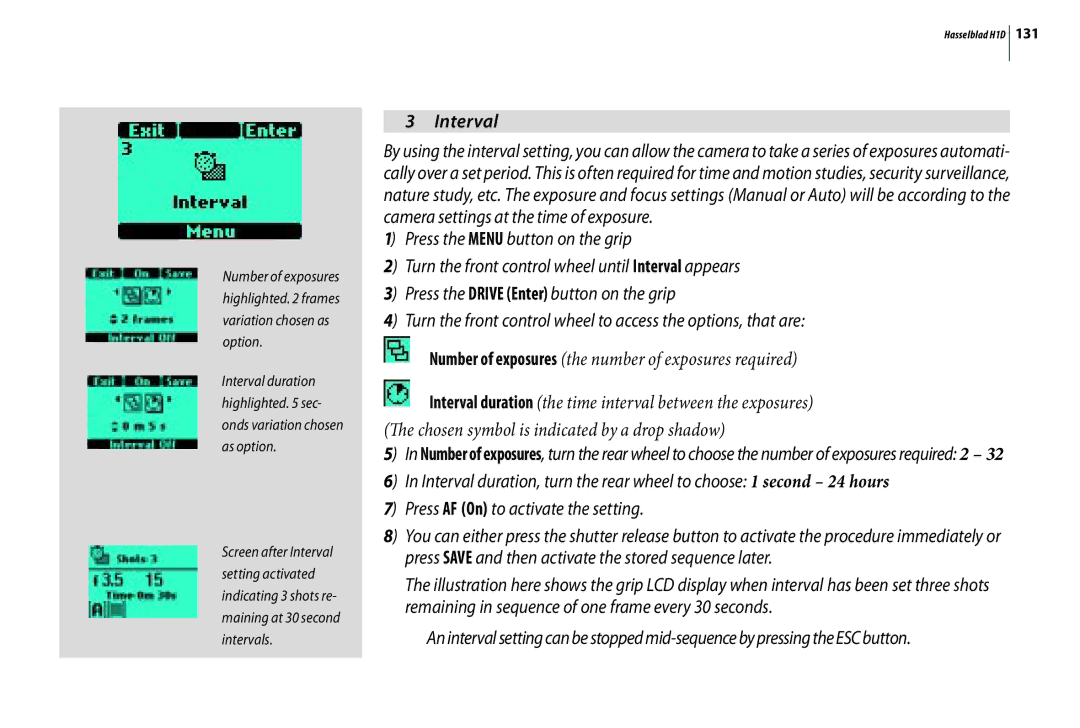 Hasselblad H1D user manual Interval, Press the Menu button on the grip 