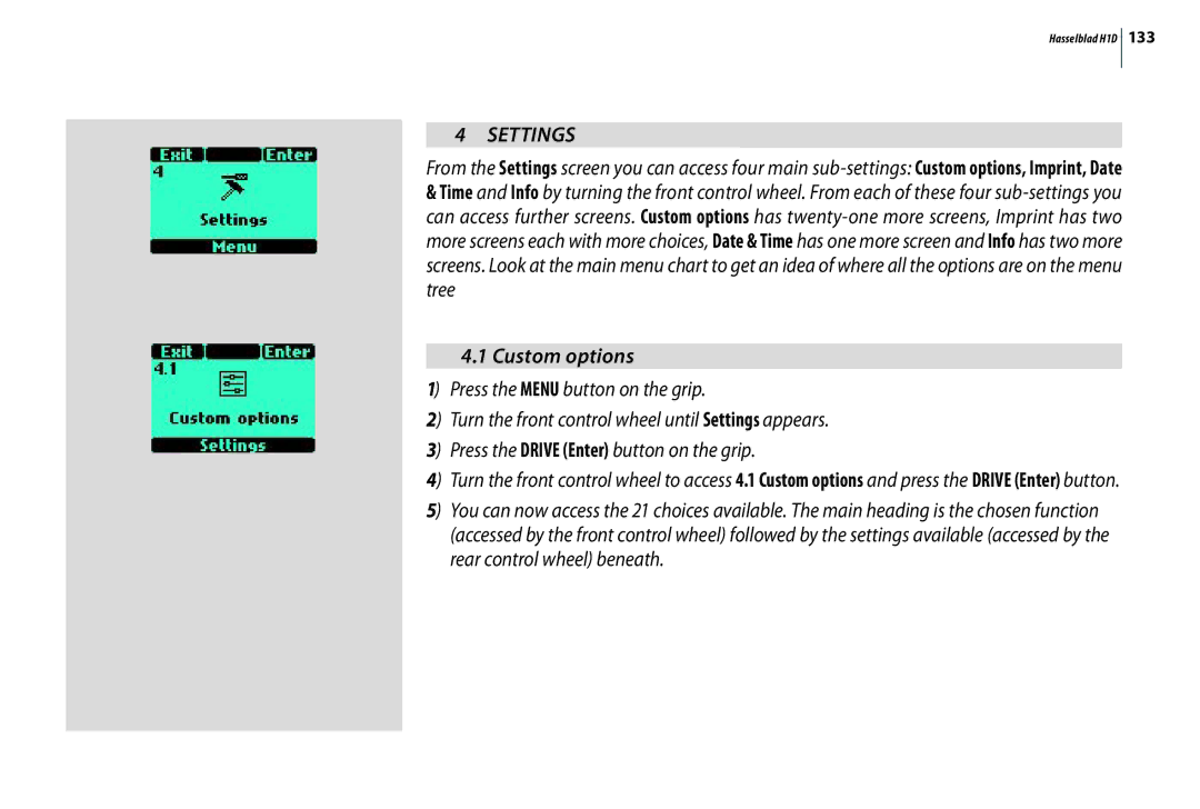 Hasselblad H1D user manual Settings, Custom options 