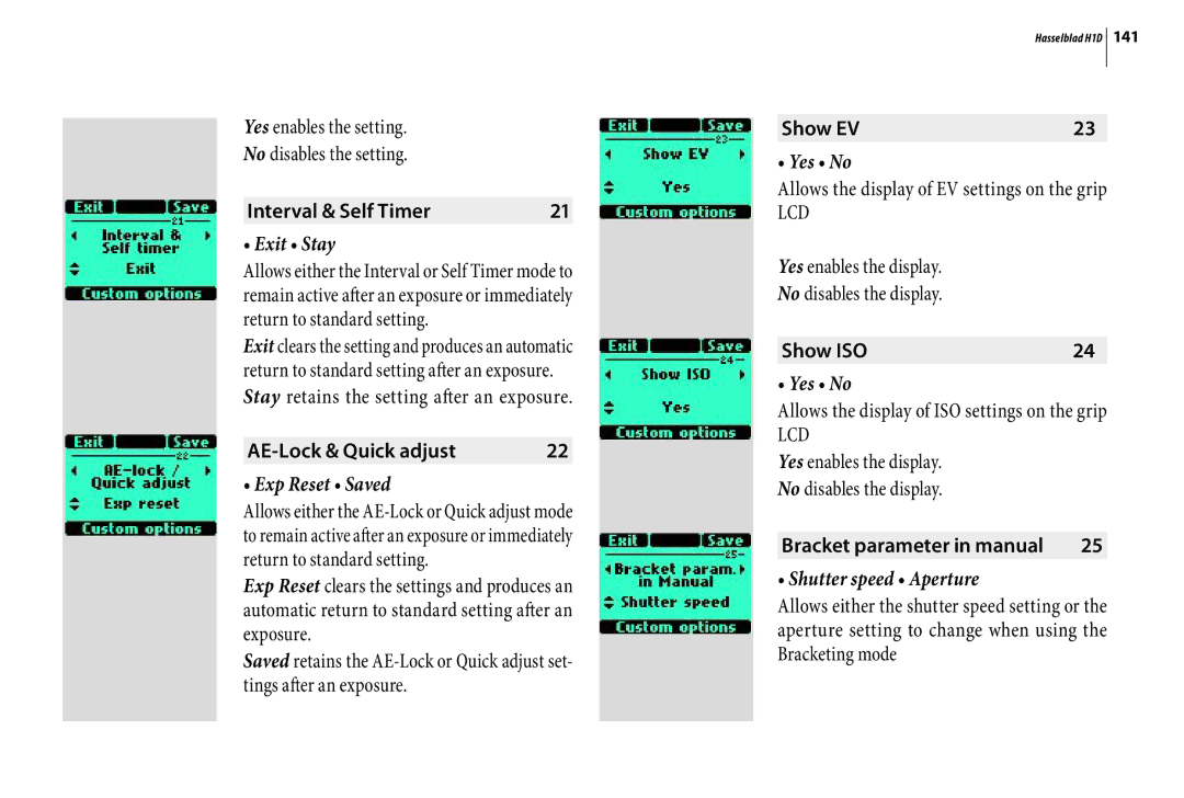 Hasselblad H1D user manual Exit Stay, Exp Reset Saved, Shutter speed Aperture 