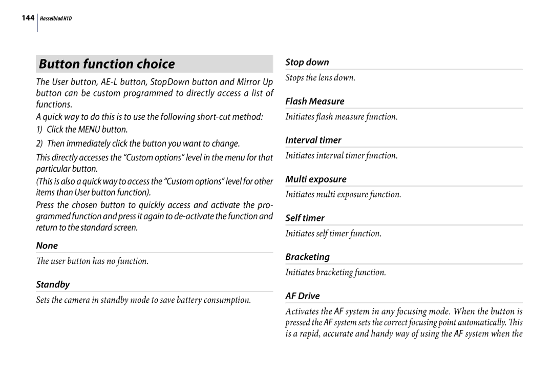 Hasselblad H1D user manual Button function choice 