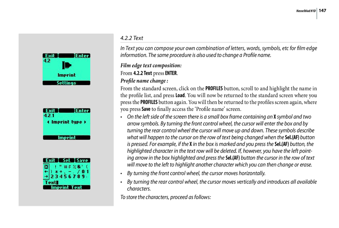 Hasselblad H1D user manual Film edge text composition, From 4.2.2 Text press Enter, Profile name change 