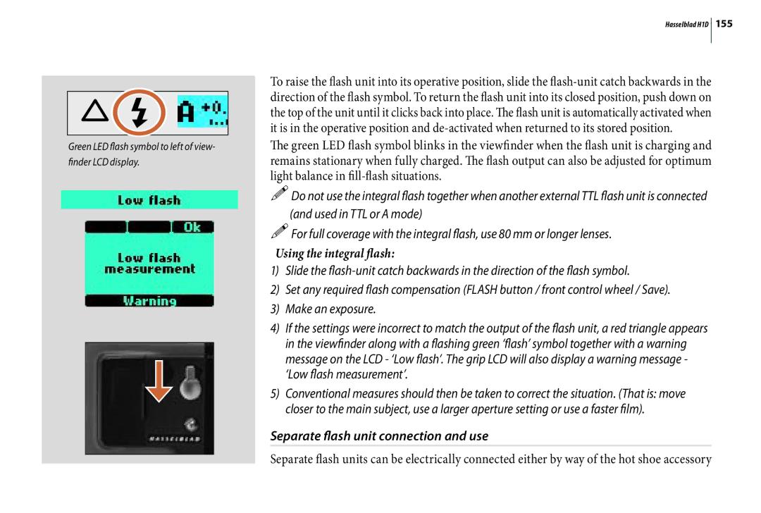 Hasselblad H1D user manual Using the integral flash, Separate flash unit connection and use 