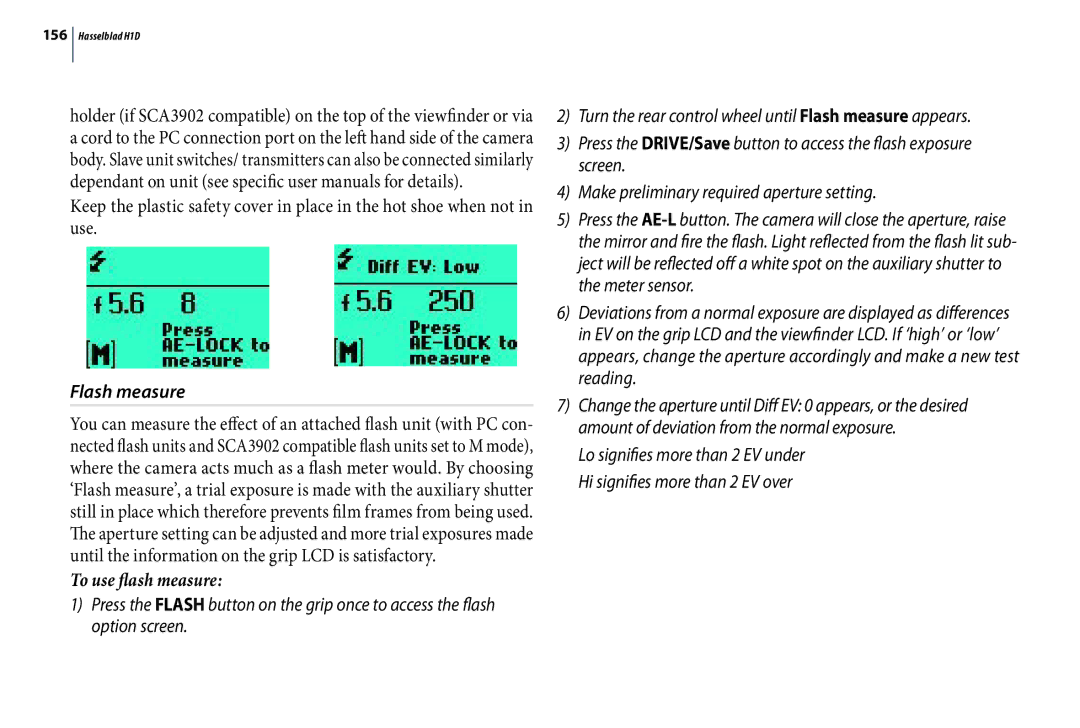 Hasselblad H1D user manual Flash measure, To use flash measure 