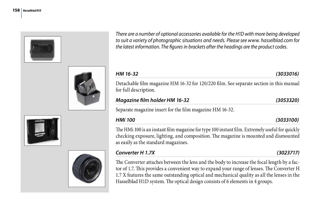 Hasselblad H1D user manual 3033016, Magazine film holder HM 3053320, HMi 3033100, Converter H 3023717 