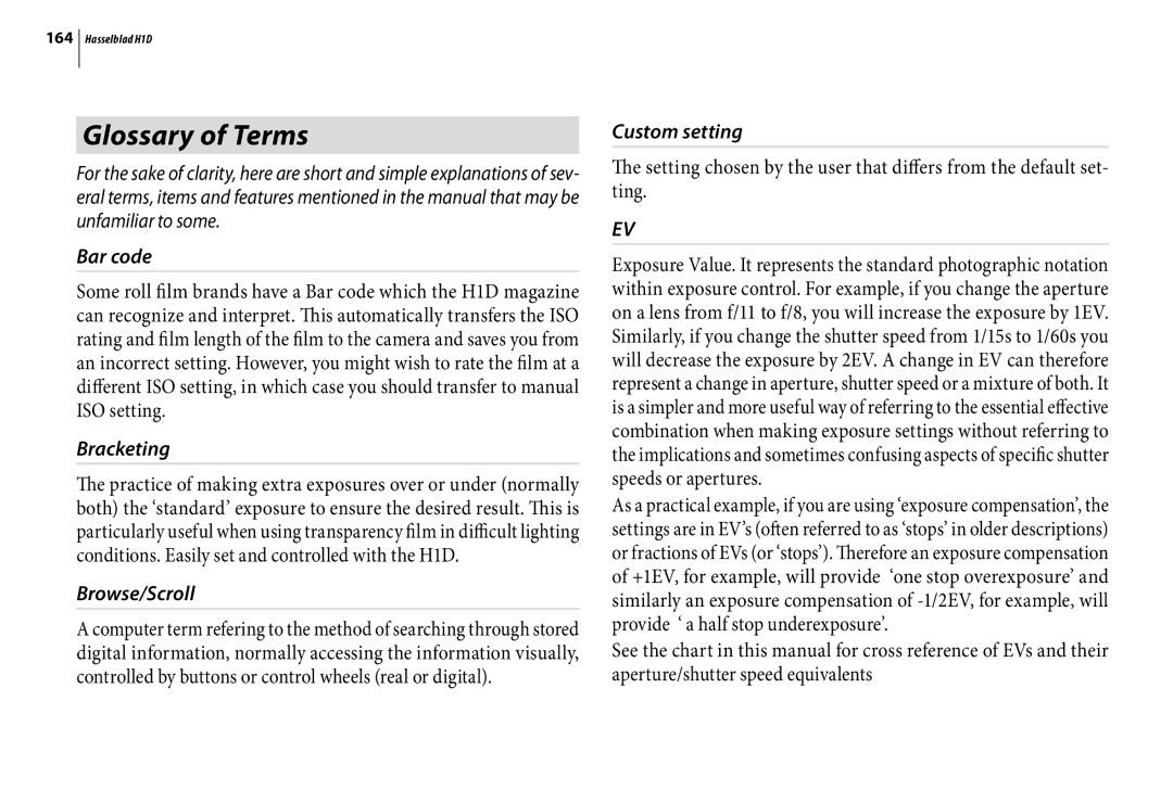 Hasselblad H1D user manual Glossary of Terms, Bar code, Browse/Scroll, Custom setting 