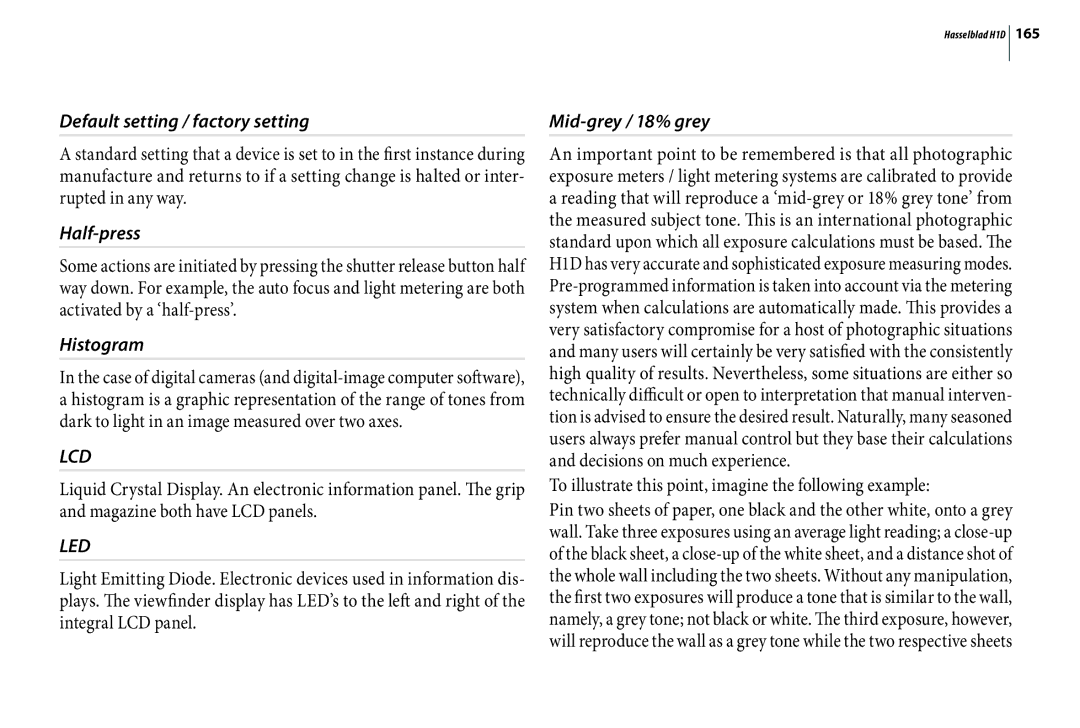 Hasselblad H1D user manual Default setting / factory setting, Half-press, Mid-grey / 18% grey 