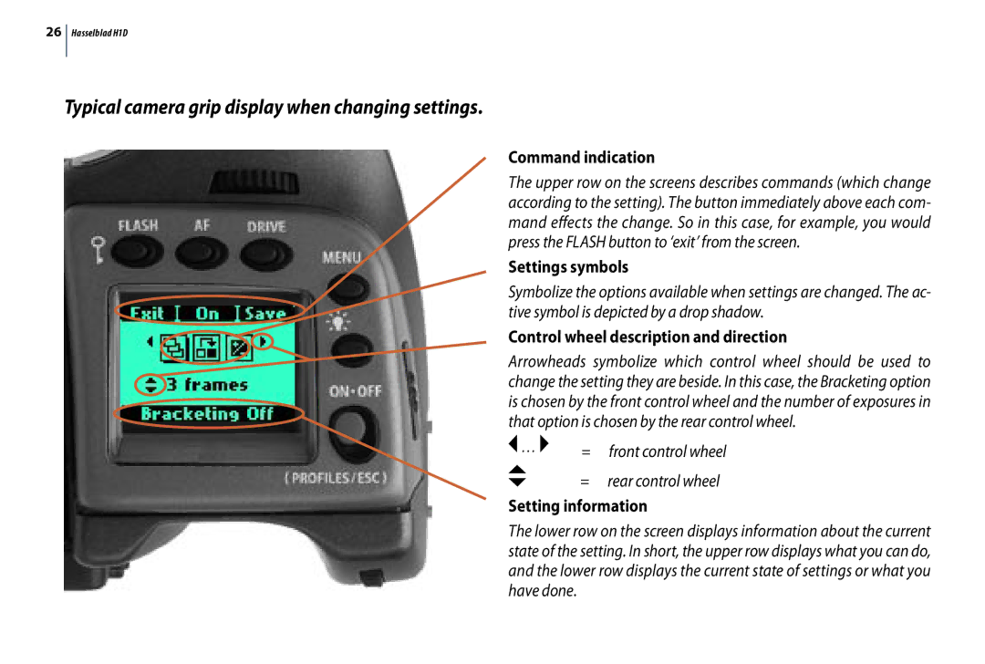 Hasselblad H1D Command indication, Settings symbols, Control wheel description and direction, Setting information 