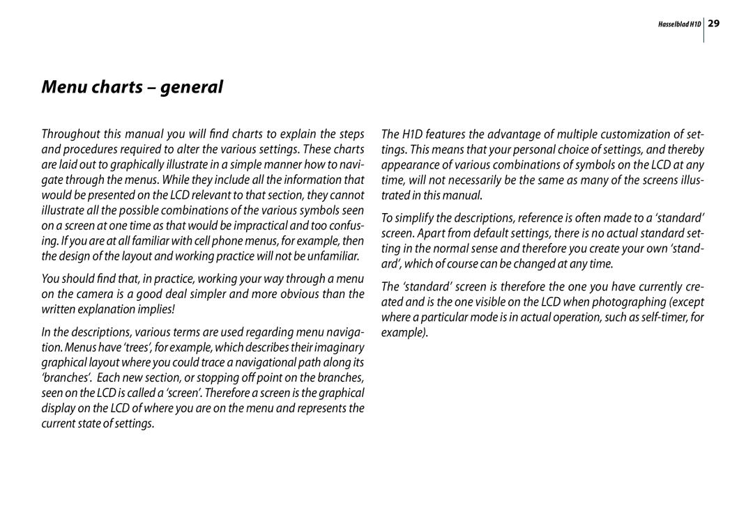 Hasselblad H1D user manual Menu charts general 