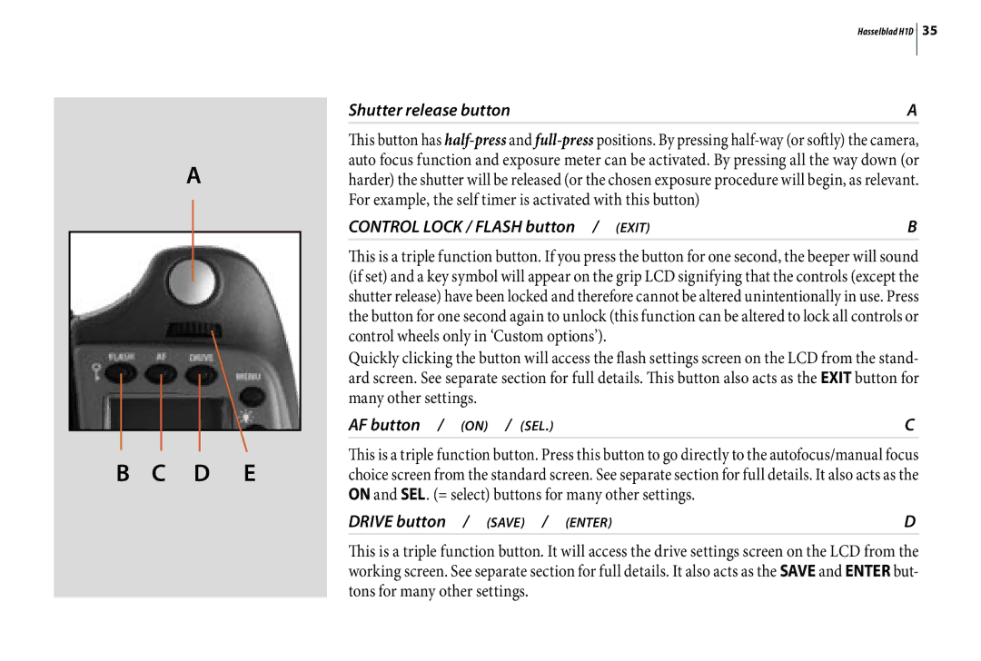 Hasselblad H1D user manual Control Lock / Flash button / Exit, AF button / on / SEL, Drive button / Save / Enter 