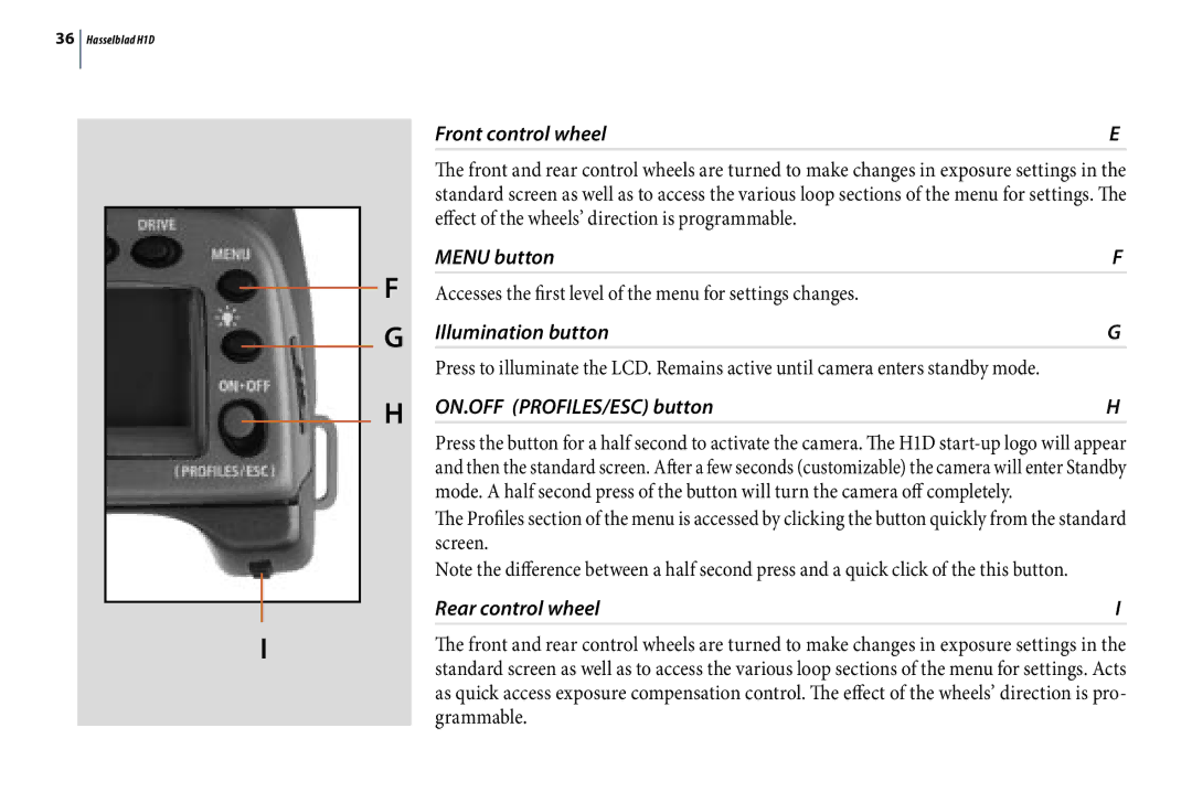 Hasselblad H1D user manual Accesses the first level of the menu for settings changes 