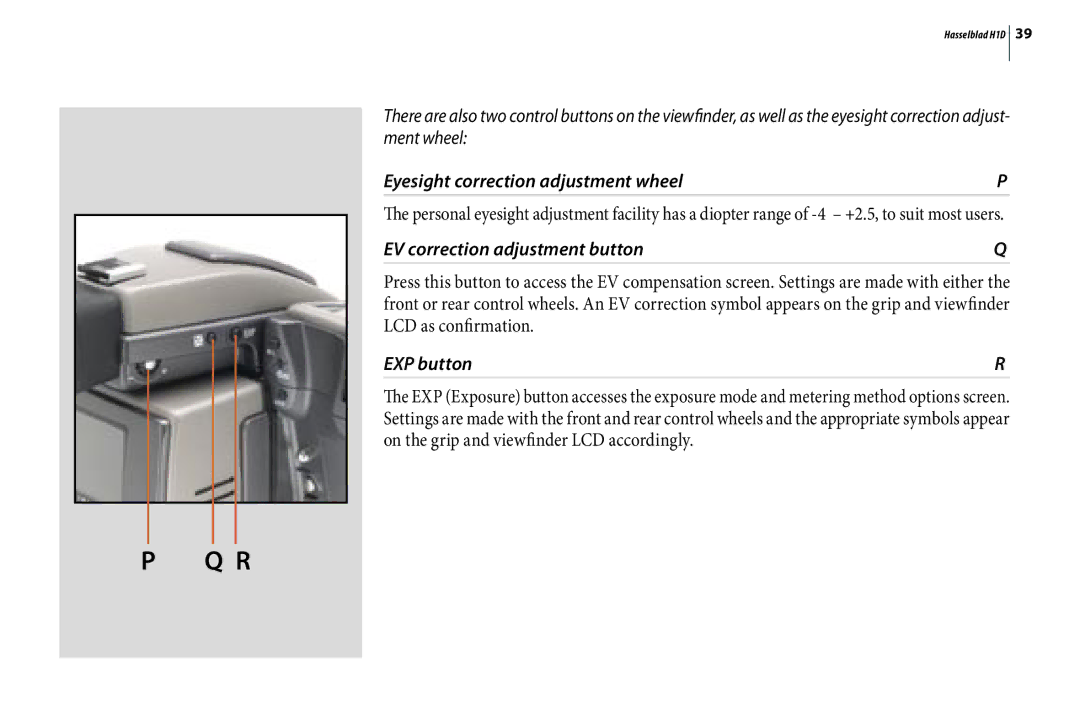 Hasselblad H1D user manual Eyesight correction adjustment wheel 