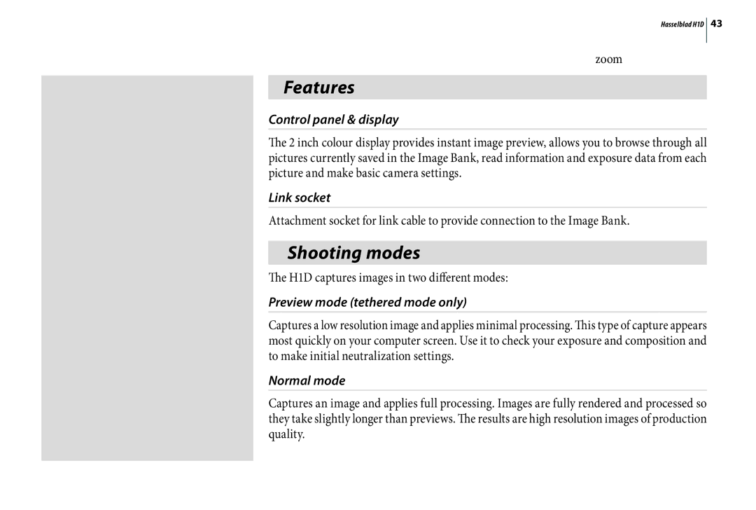 Hasselblad H1D user manual Features, Shooting modes 