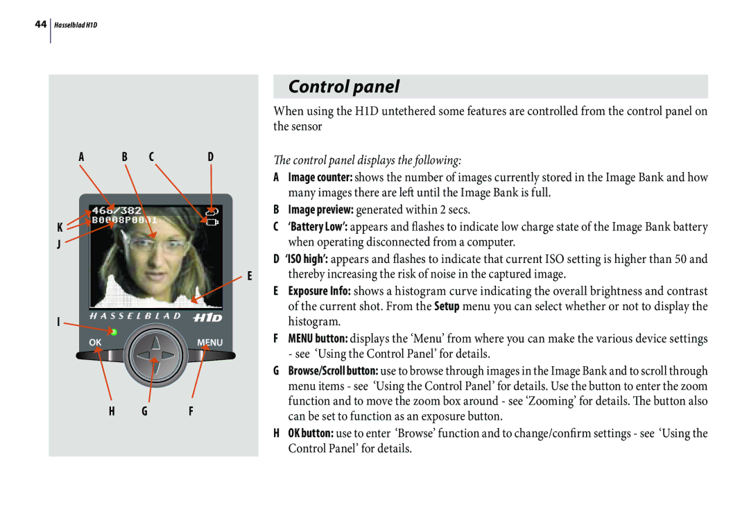 Hasselblad H1D user manual Control panel, e control panel displays the following 