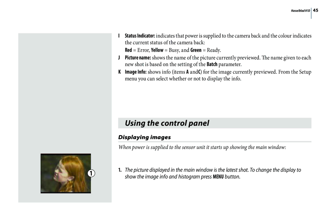 Hasselblad H1D user manual Using the control panel, Displaying images 