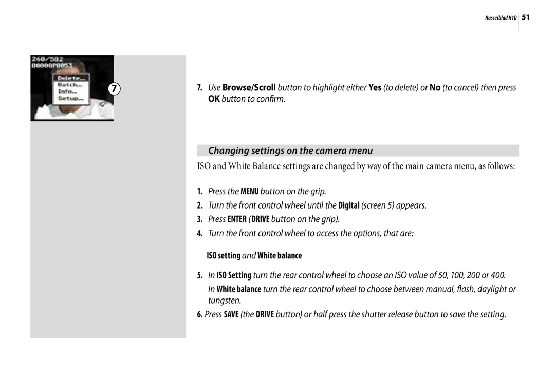 Hasselblad H1D user manual OK button to confirm, Changing settings on the camera menu, ISO setting and White balance 