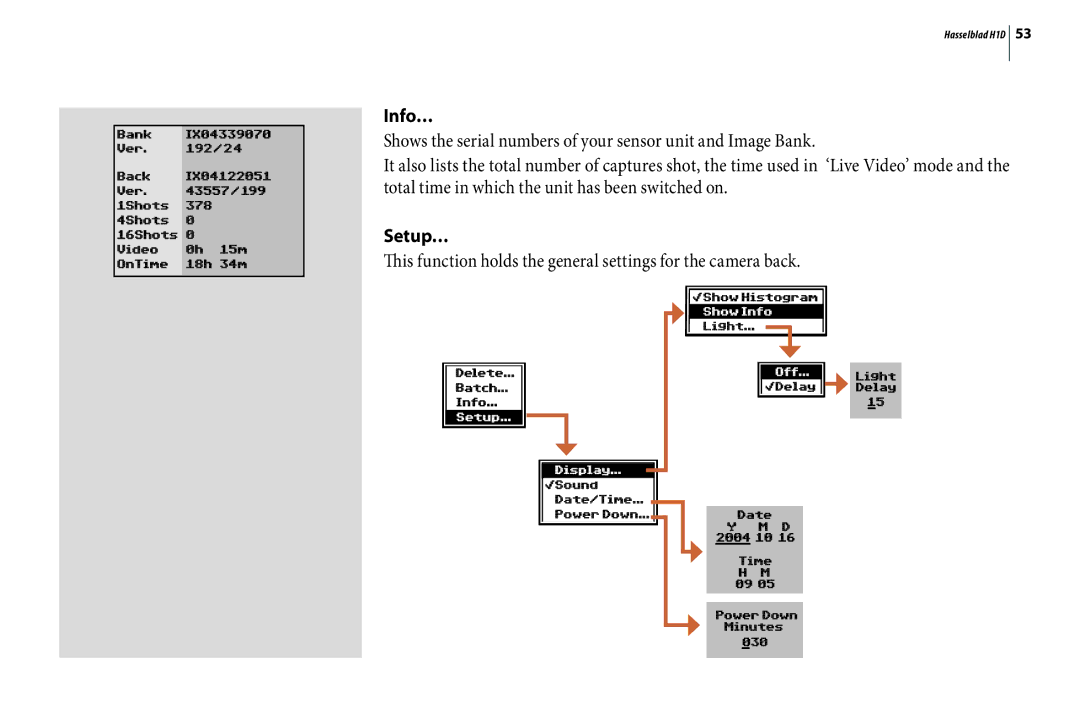 Hasselblad H1D user manual Info…, Setup… 