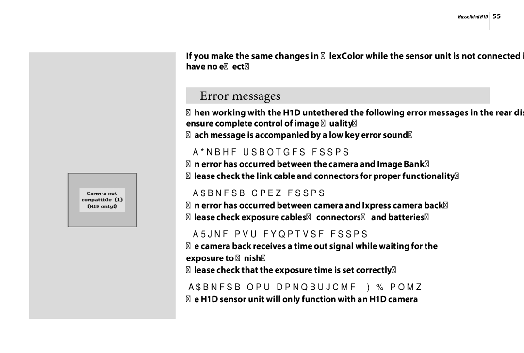 Hasselblad H1D user manual Error messages, ‘Image transfer error’, ‘Camera body error’, ‘Time out exposure error’ 