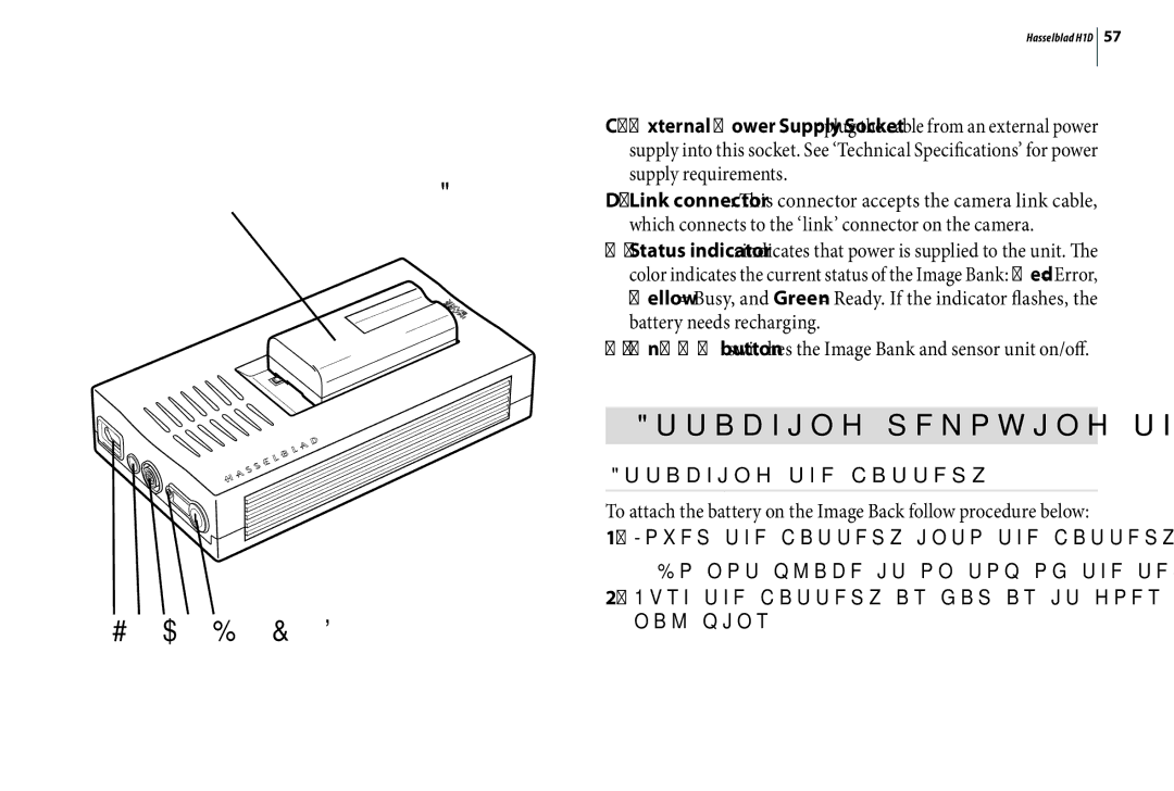 Hasselblad H1D Attaching/removing the battery, Attaching the battery, Do not place it on top of the terminal pins 