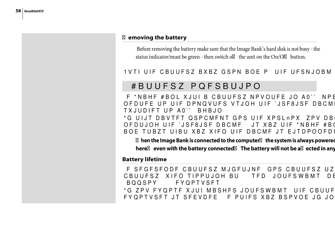 Hasselblad H1D user manual Battery operation, Removing the battery, Battery lifetime 