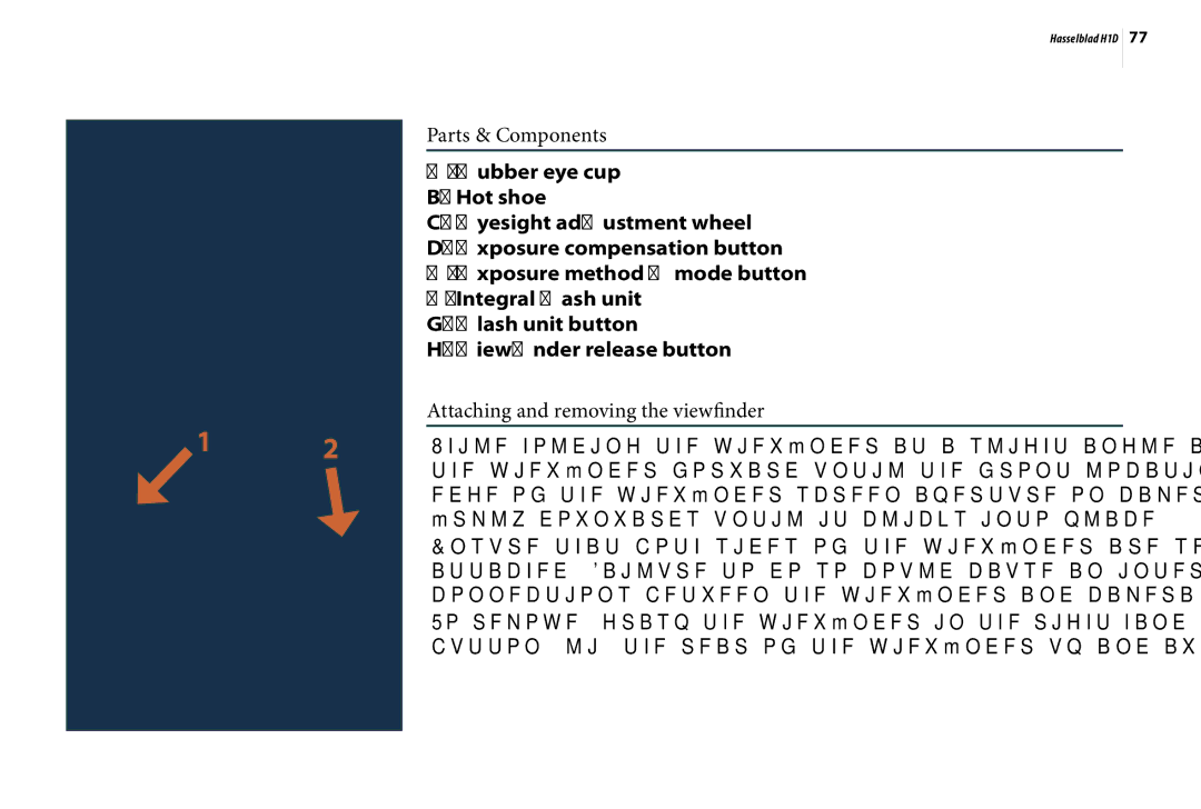 Hasselblad H1D user manual Parts & Components, Attaching and removing the viewfinder 