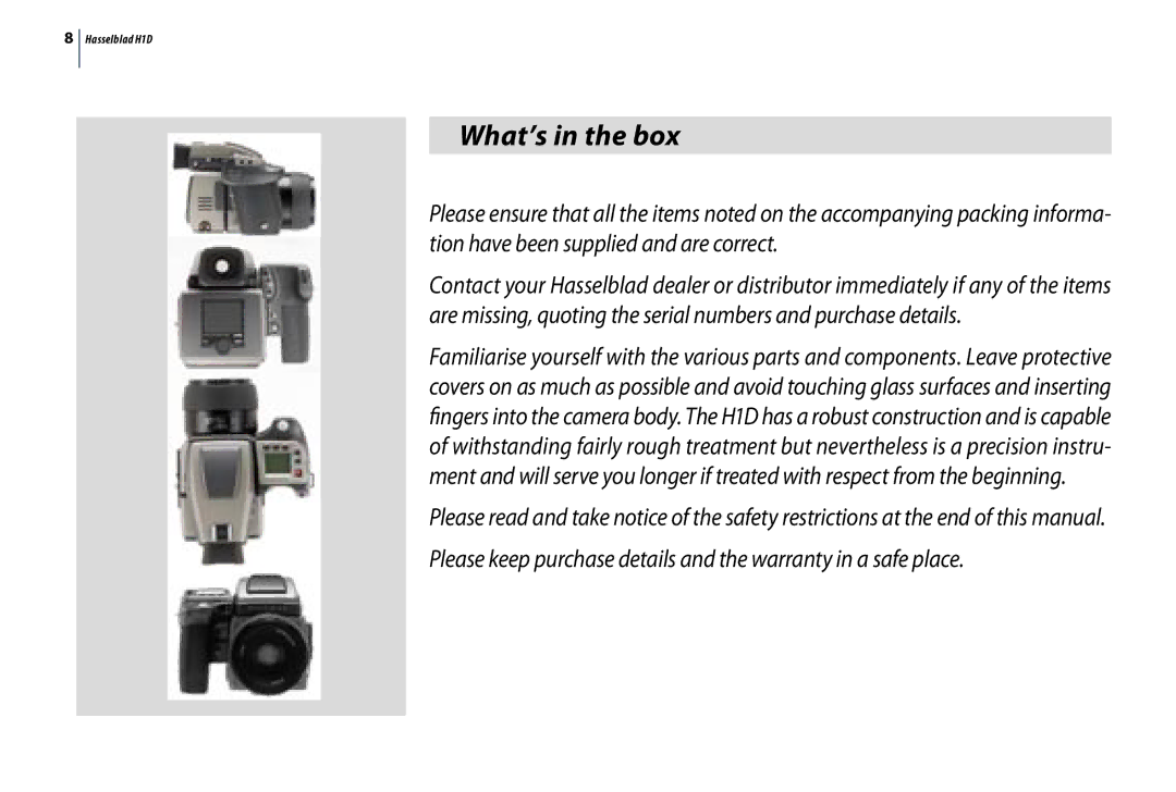 Hasselblad H1D user manual What’s in the box 