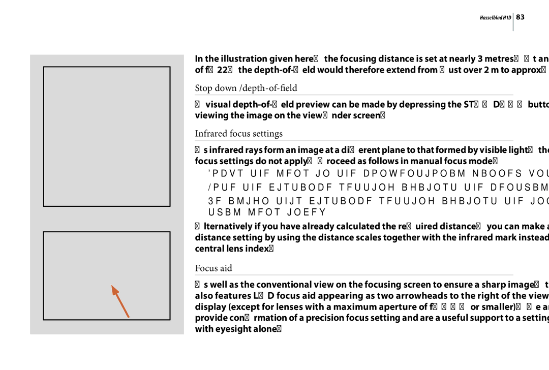 Hasselblad H1D user manual Stop down /depth-of-field, Infrared focus settings, Focus aid 