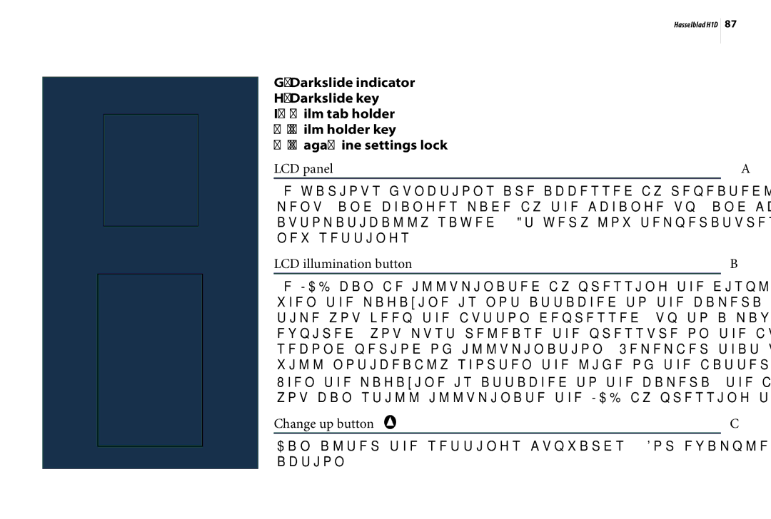 Hasselblad H1D user manual LCD panel, LCD illumination button, Change up button 