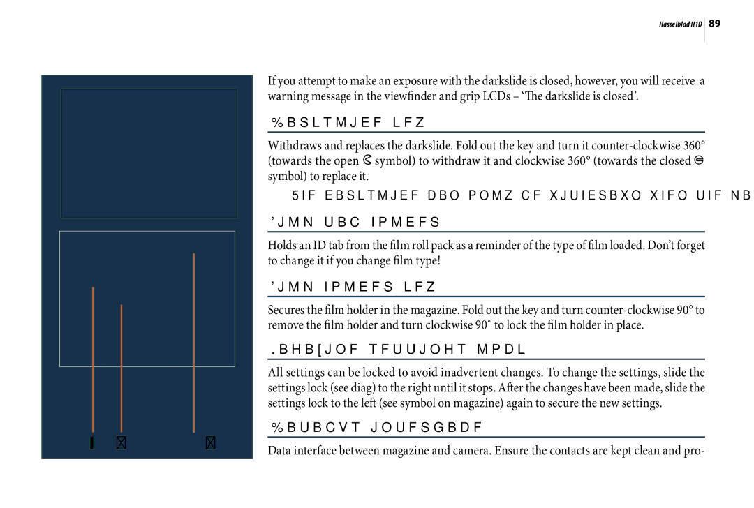 Hasselblad H1D user manual Darkslide key, Film tab holder, Film holder key, Magazine settings lock, Databus interface 