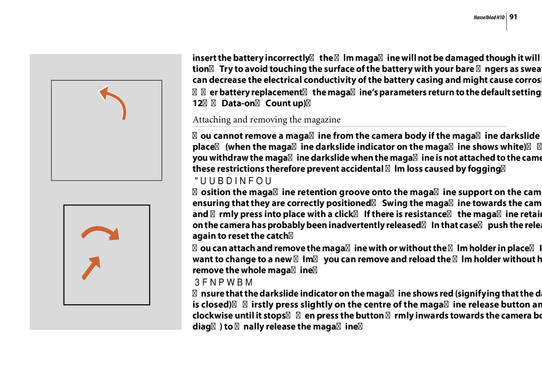 Hasselblad H1D user manual Attaching and removing the magazine, Attachment, Removal 