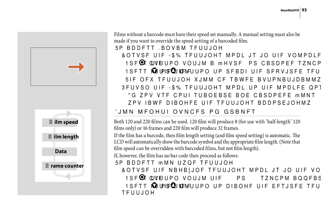 Hasselblad H1D user manual Film speed Film length Data Frame counter, Film length/number of frames 
