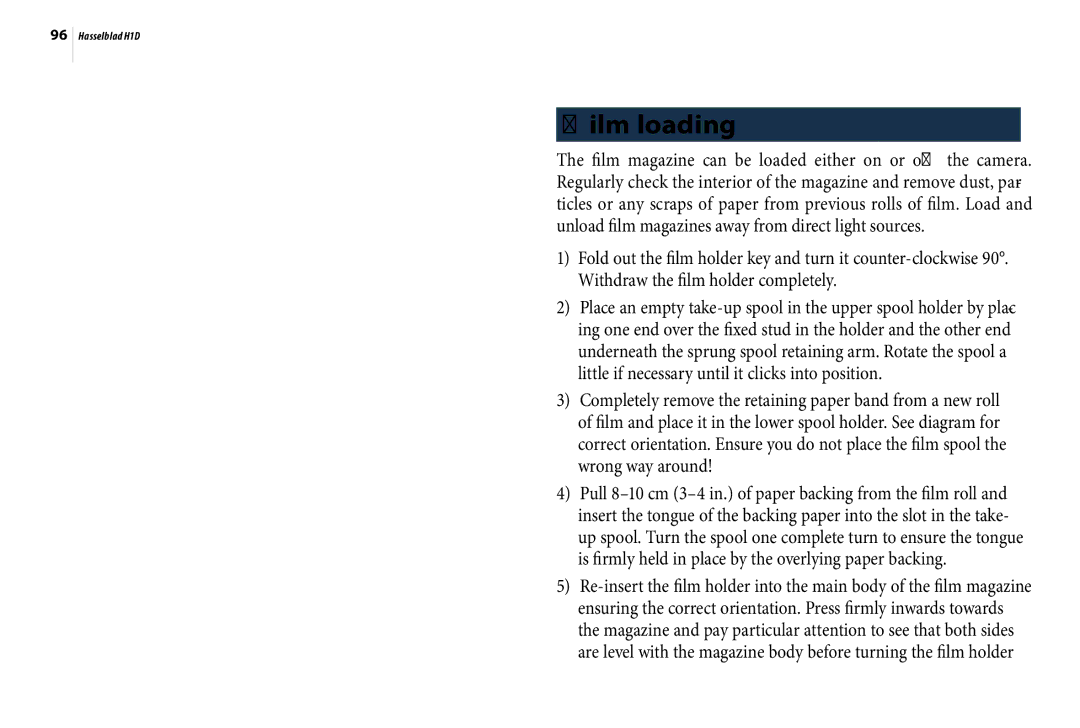 Hasselblad H1D user manual Film loading 