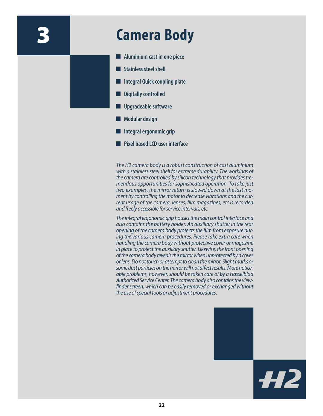 Hasselblad H2 user manual Camera Body, Integral ergonomic grip Pixel based LCD user interface 