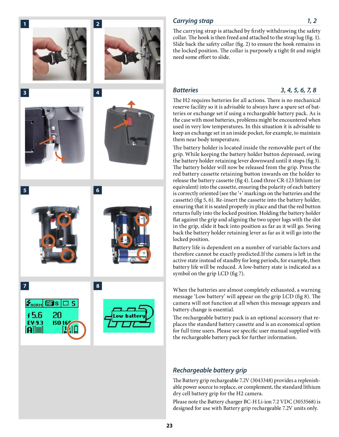 Hasselblad H2 user manual Carrying strap, Batteries 5, 6, 7, Rechargeable battery grip 