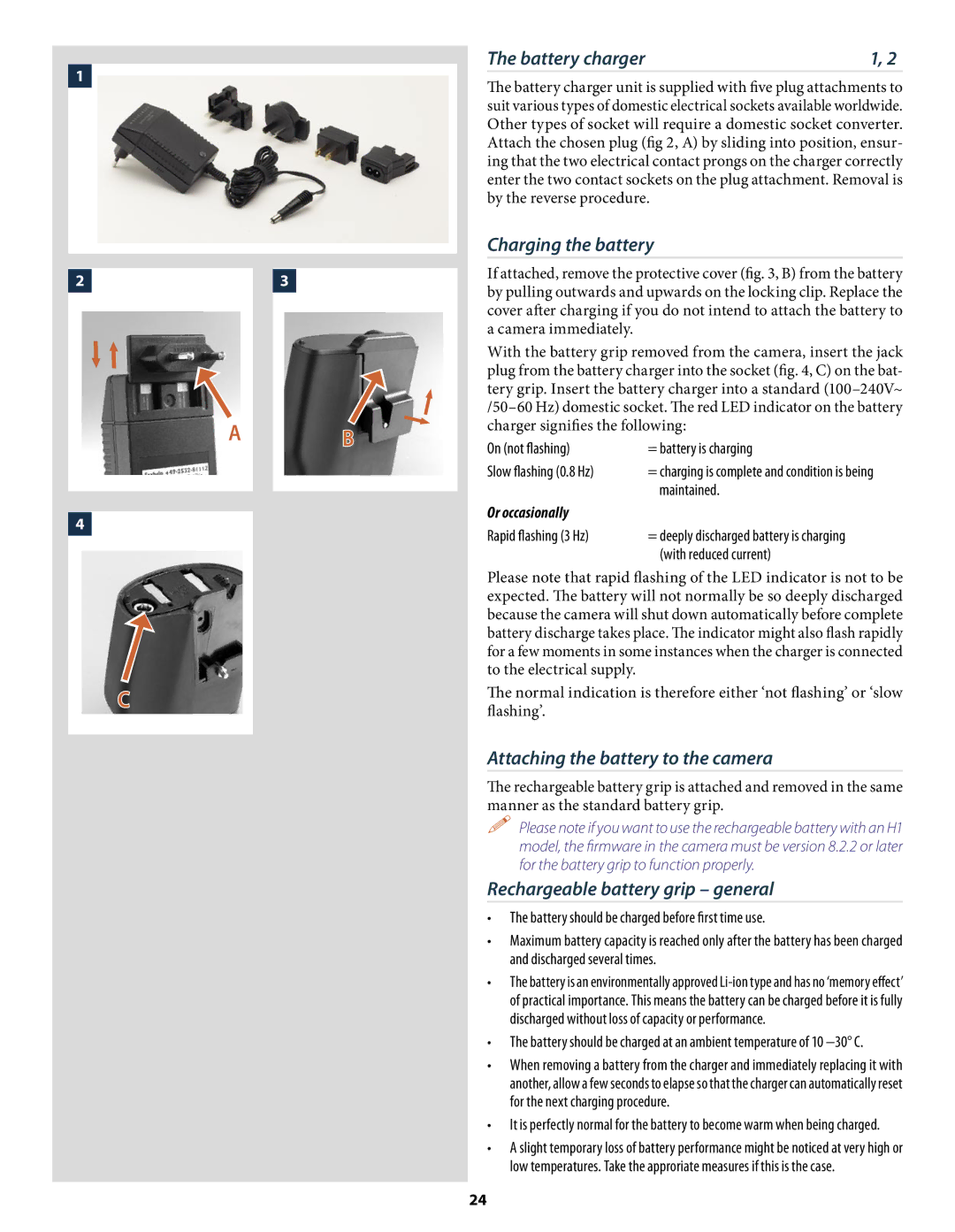 Hasselblad H2 user manual Battery charger, Charging the battery, Attaching the battery to the camera, Or occasionally 