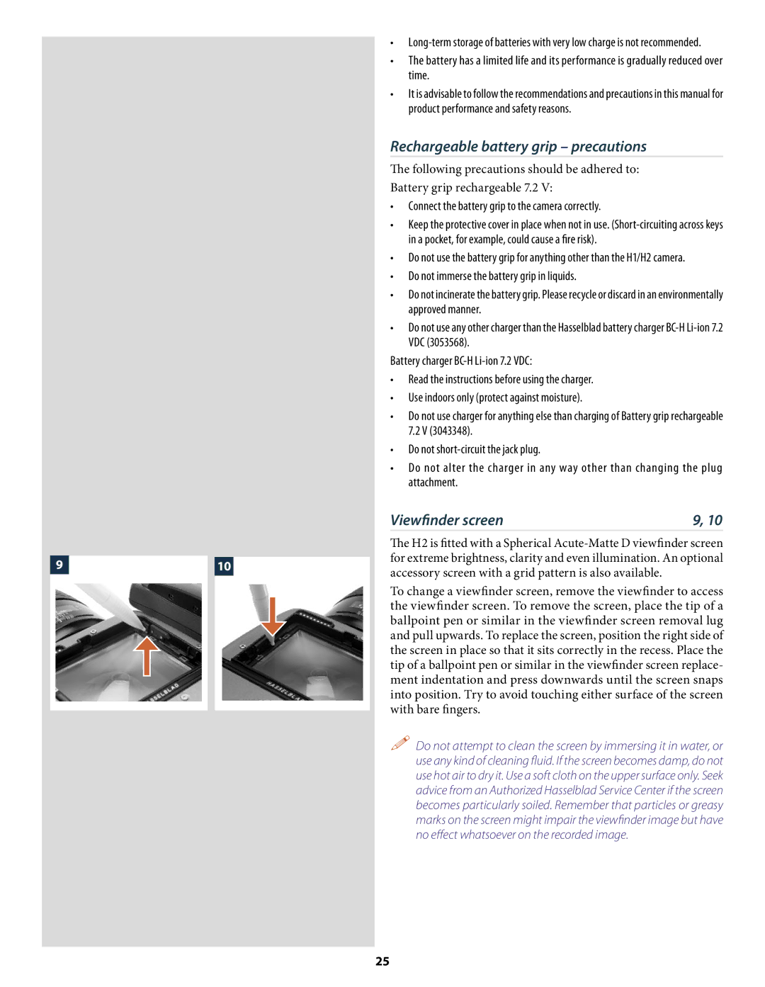 Hasselblad H2 user manual Rechargeable battery grip precautions, Viewﬁnder screen 