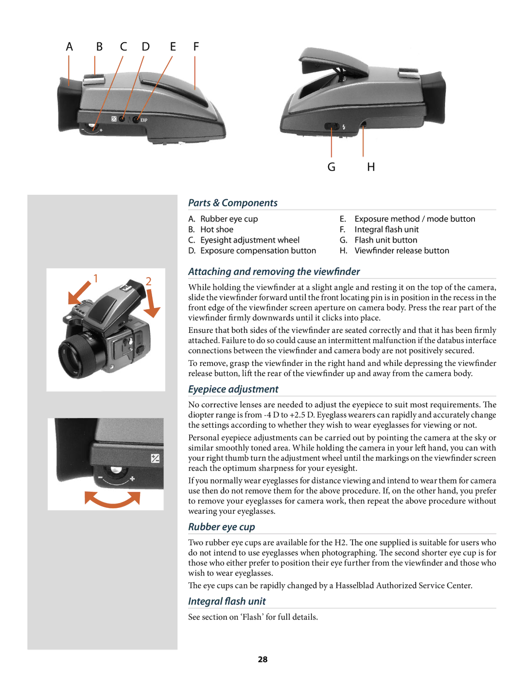 Hasselblad H2 user manual Parts & Components, Attaching and removing the viewﬁnder, Eyepiece adjustment, Rubber eye cup 