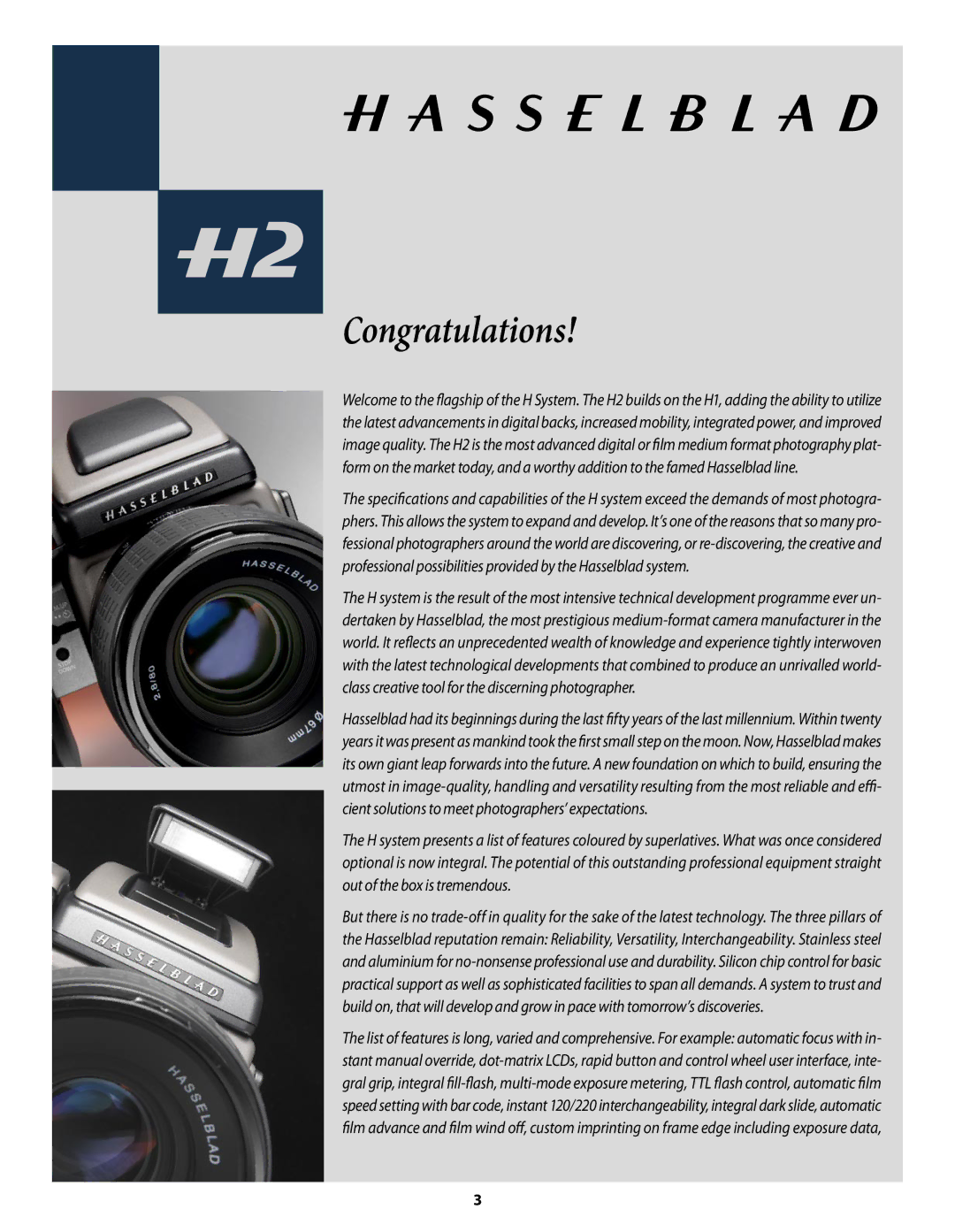 Hasselblad H2 user manual Congratulations 