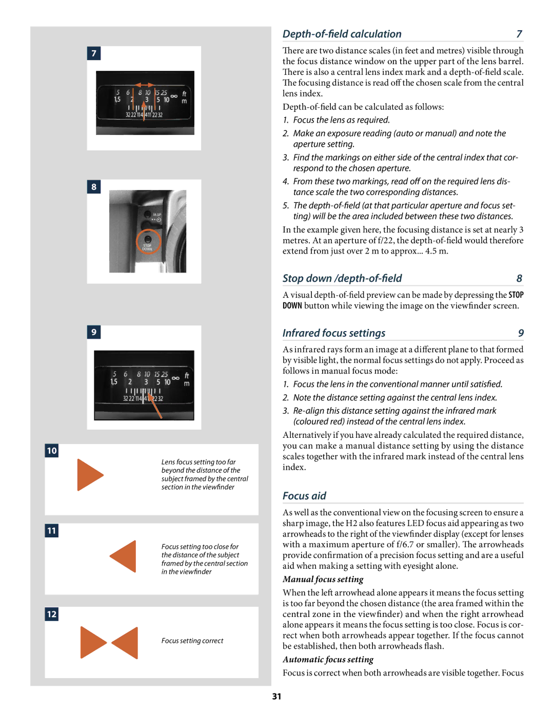 Hasselblad H2 user manual Depth-of-ﬁeld calculation, Stop down /depth-of-ﬁeld, Infrared focus settings, Focus aid 