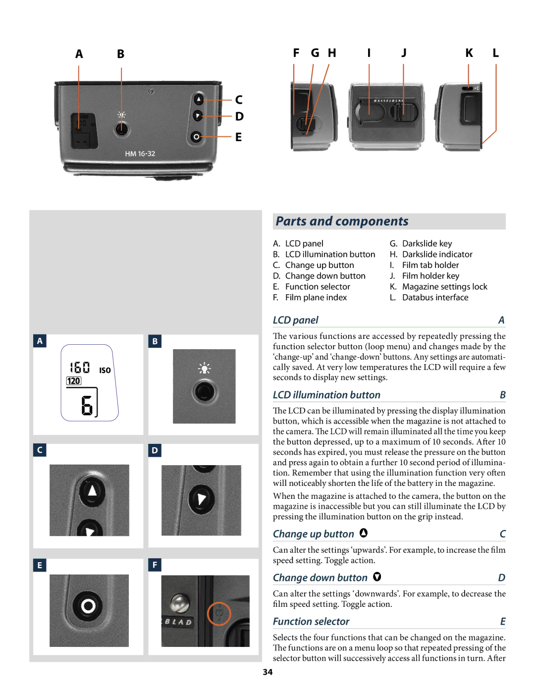 Hasselblad H2 user manual LCD panel, LCD illumination button, Change up button, Change down button, Function selector 