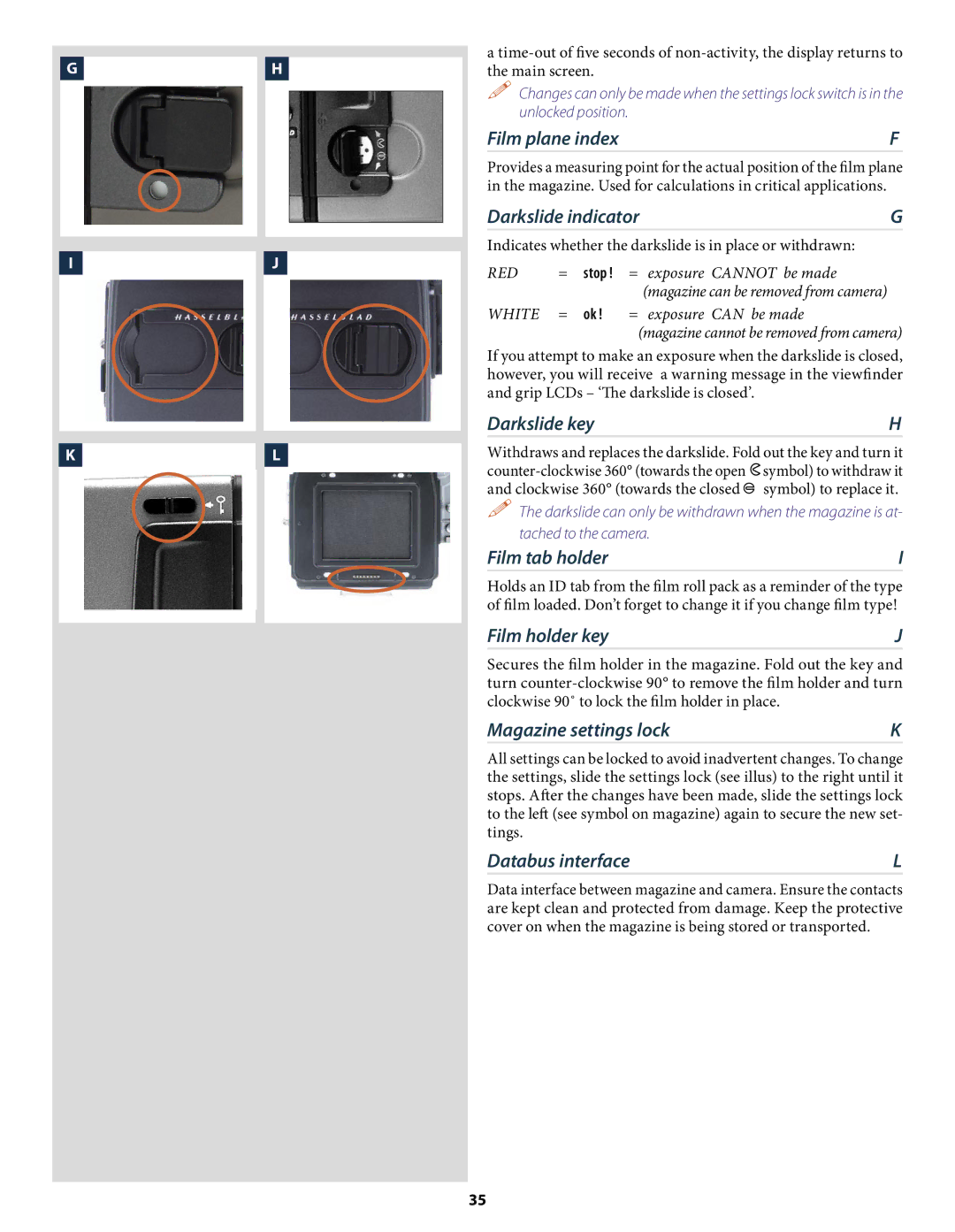 Hasselblad H2 user manual Darkslide indicator, Darkslide key, Film tab holder, Film holder key, Magazine settings lock 