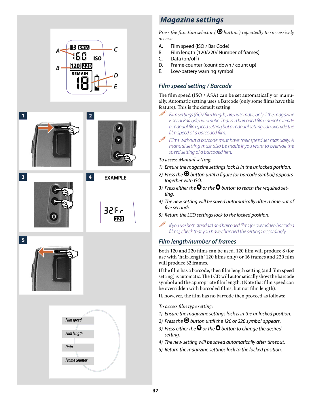 Hasselblad H2 user manual Magazine settings, Film speed setting / Barcode, Film length/number of frames 