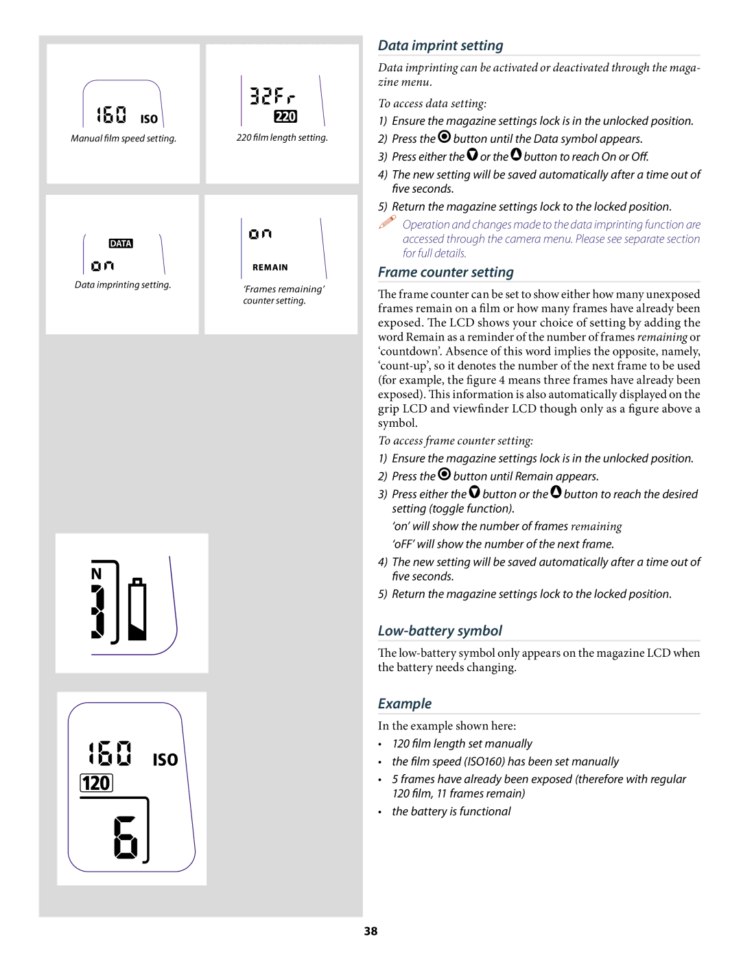 Hasselblad H2 user manual Data imprint setting, Frame counter setting, Low-battery symbol, Example 