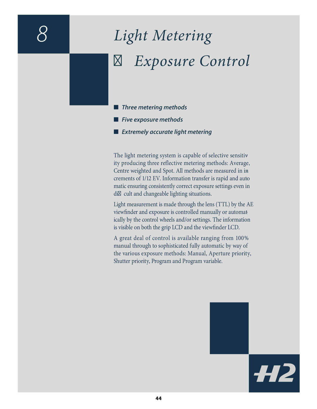 Hasselblad H2 user manual Light Metering, Exposure Control 