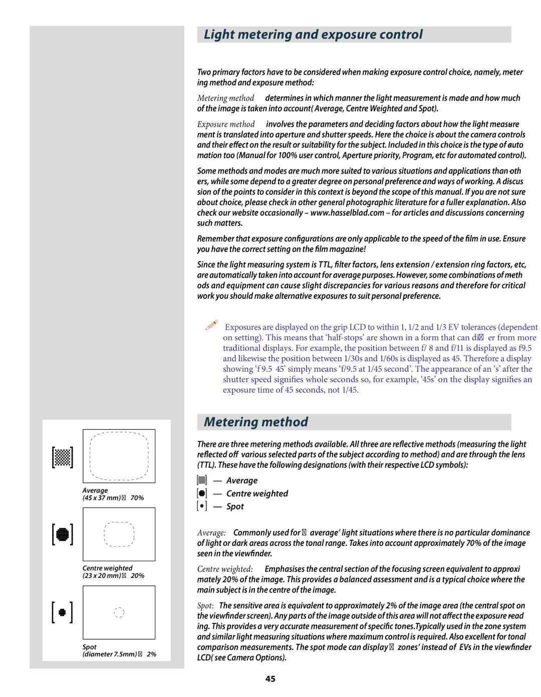 Hasselblad H2 user manual Light metering and exposure control, Metering method 