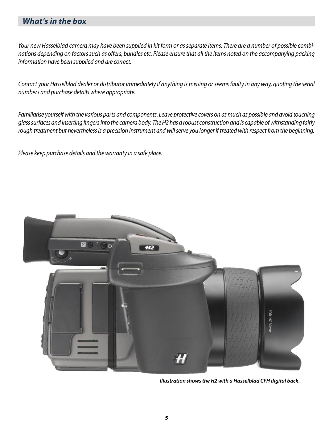 Hasselblad user manual What’s in the box, Illustration shows the H2 with a Hasselblad CFH digital back 