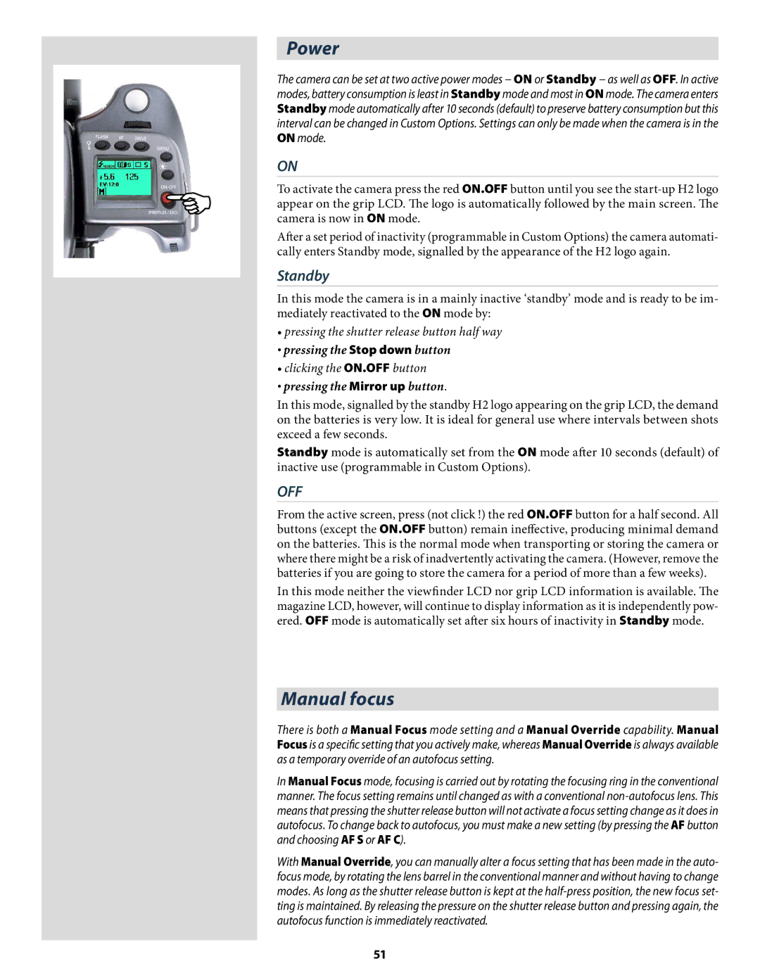 Hasselblad H2 user manual Power, Manual focus, Standby 